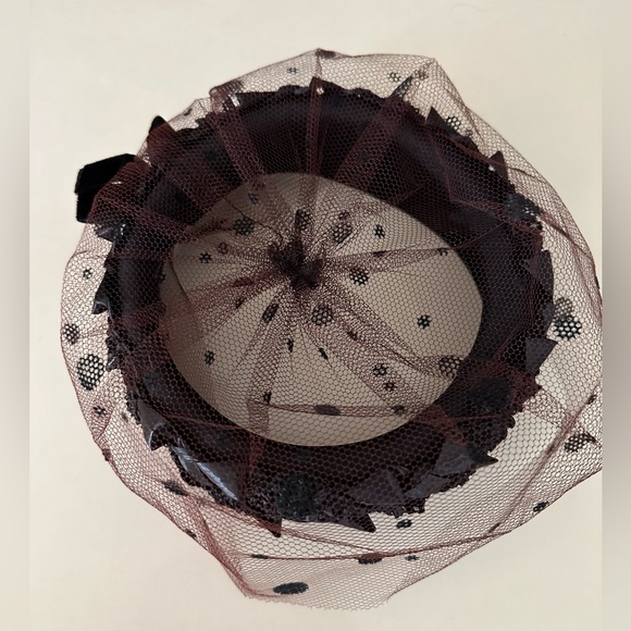 Vintage Black Pillbox Hat United Hatters Union Made Polka Dot Netting Tulle MCM - Picture 3 of 6